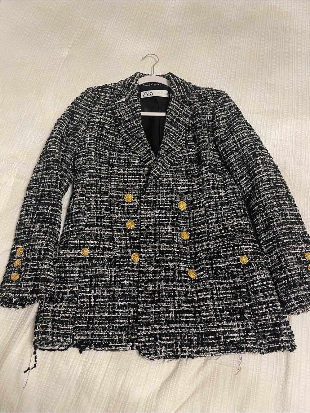 Zara Black and White Tweed Double-Breasted Blazer with Gold Buttons